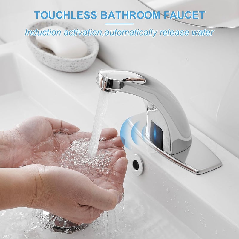 BWE Chrome Touchless Bathroom Sink Faucet with Temperature Control Mixing Valve Battery Powered or Plug in Sensor Eletronic Faucet with Sink Hole Cover Plate - Image 2